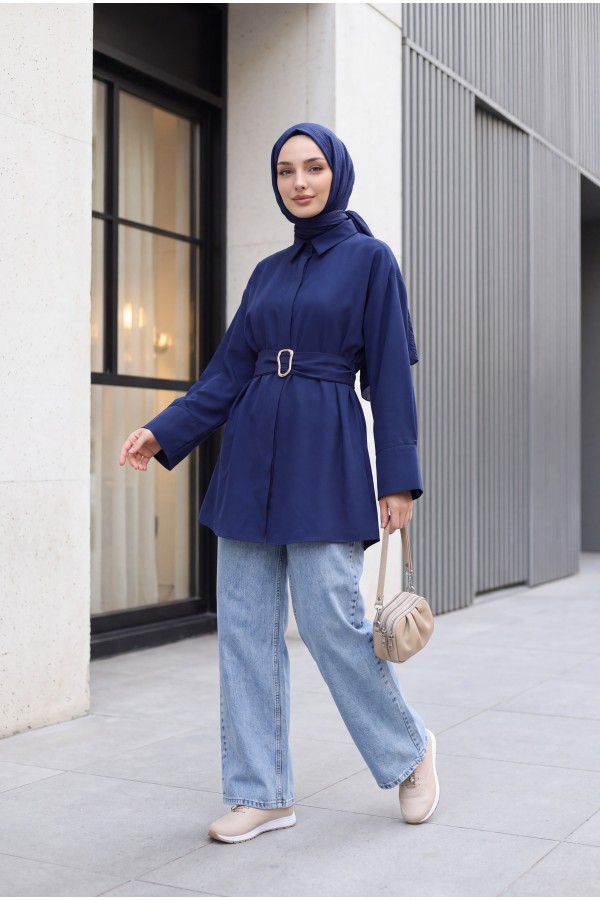 Tokalı Kemerli Duble Manşet Kol Gizli Düğmeli Poplin Tunik -Lacivert