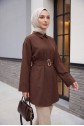 Buckled Belted Double Cuff Sleeve Concealed Button Poplin Tunic -Dark Coffee