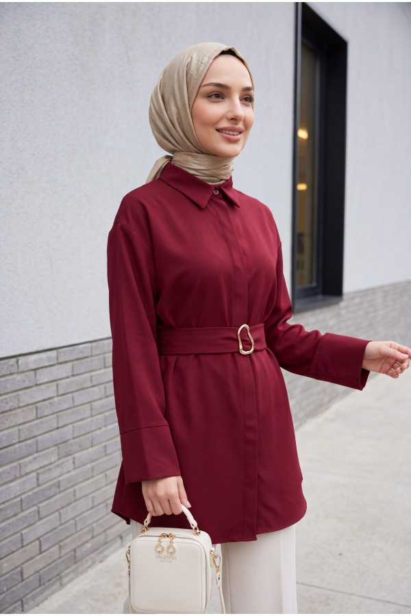 Tokalı Kemerli Duble Manşet Kol Gizli Düğmeli Poplin Tunik -Bordo