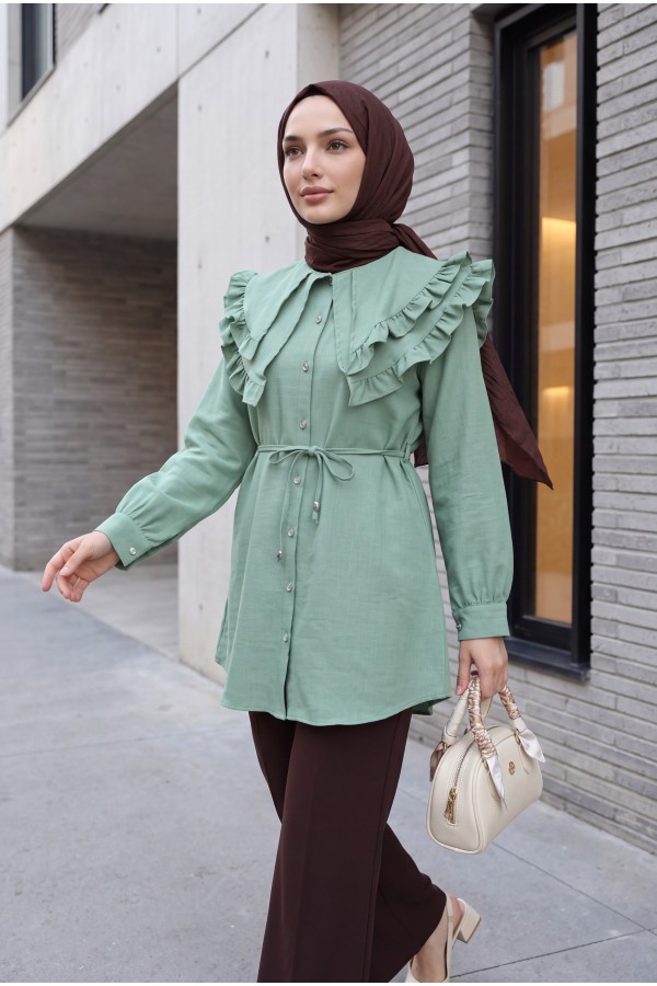 Yakası Çift Kat Fırfırlı Düğmeli Beli Bağcıklı Keten Görünümlü Tunik -Mint