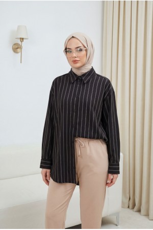Çizgili Düğmeli Oval Kesim Keten Gömlek -Kahve