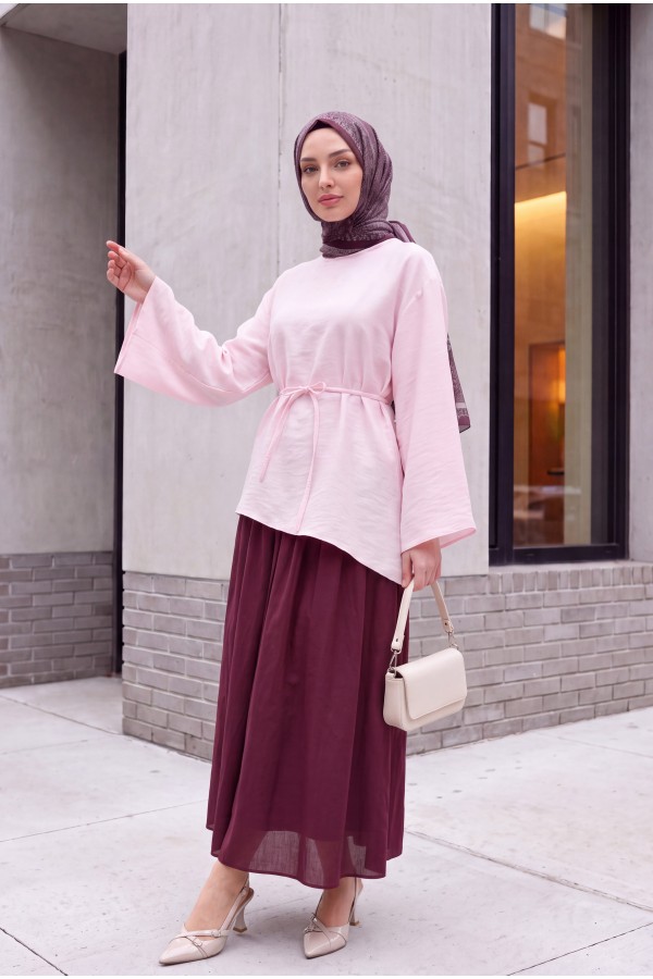Asymmetrical Cut, Drawstring Waist, Oversize Modal Tunic  -Powder