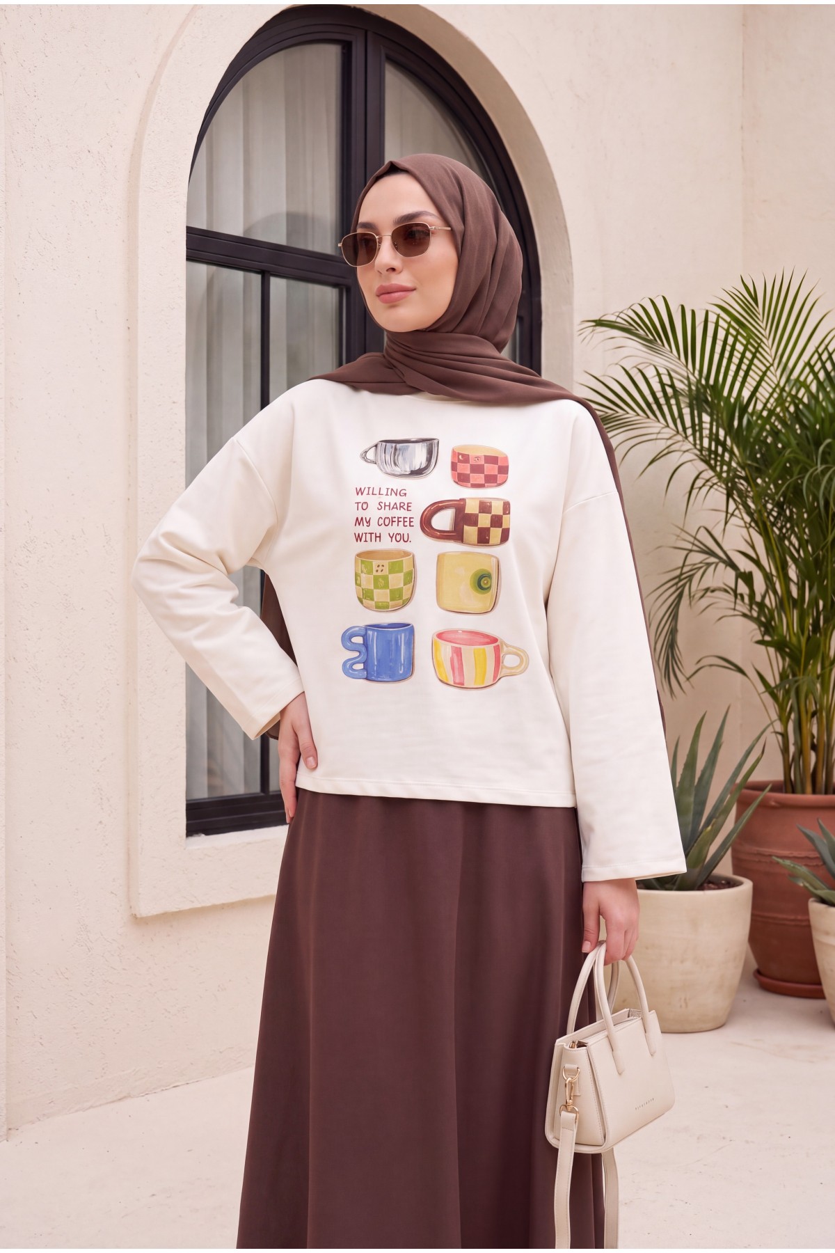 Fincan Baskılı Bisiklet Yaka Oversize 2 İplik Penye Sweatshirt -Ekru