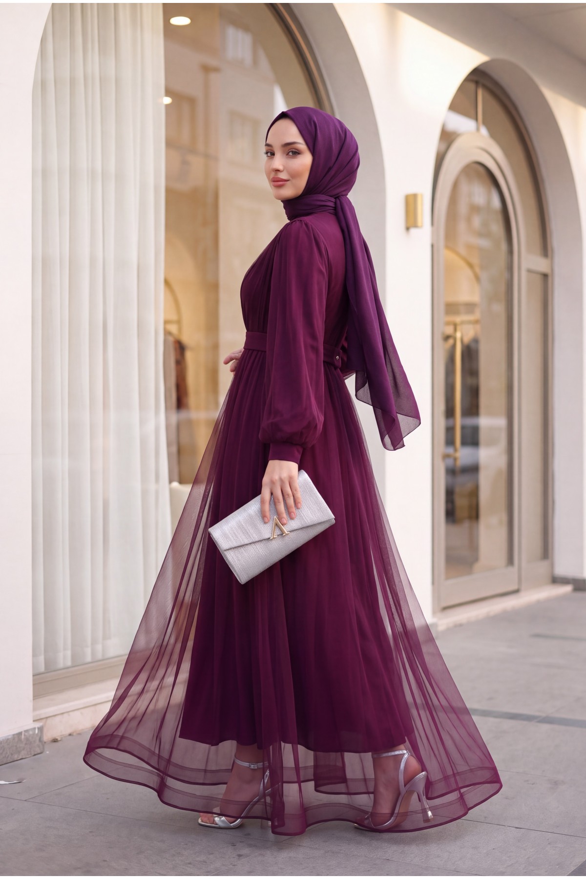 Stone Detailed Draped Belt Tulle Evening Dress      -Damson