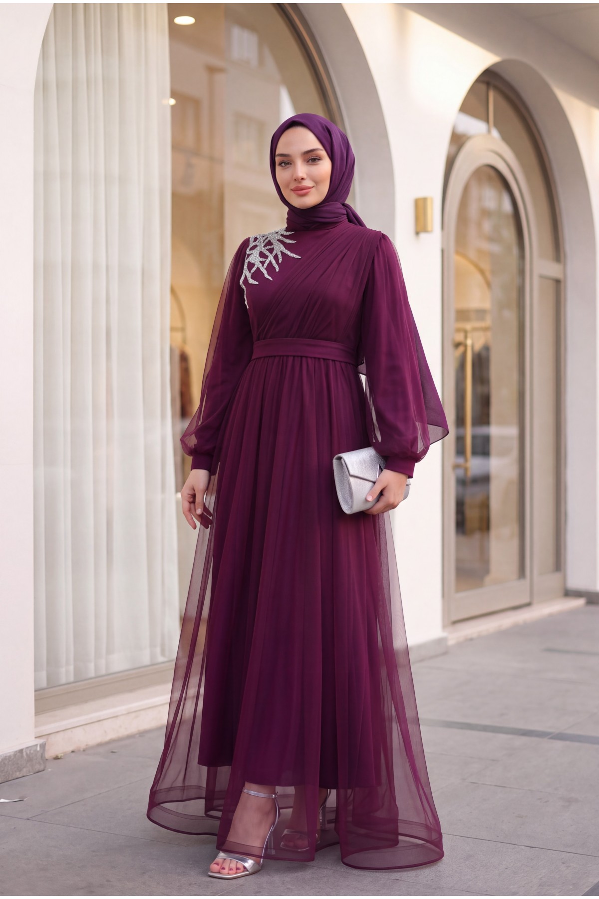 Stone Detailed Draped Belt Tulle Evening Dress      -Damson