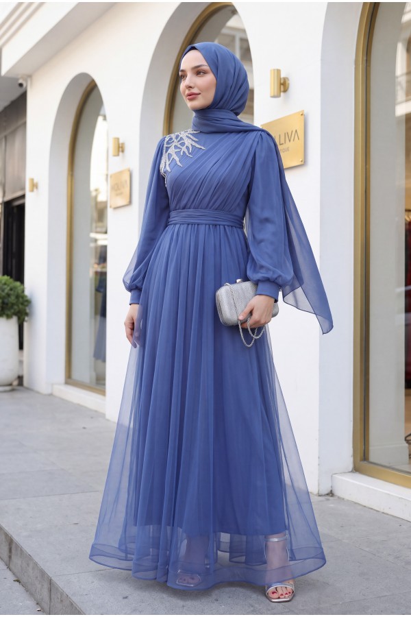 Önü Taş Detaylı Drapeli Kemerli Tül Abiye  -İndigo