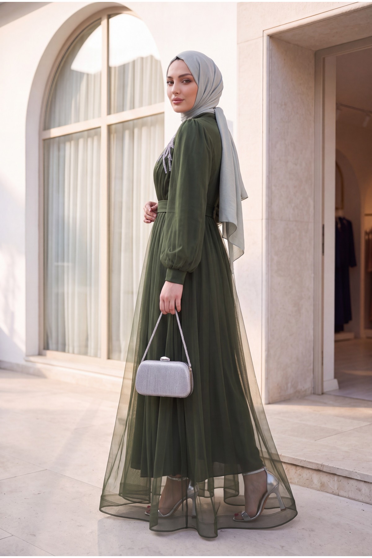 Stone Detailed Draped Belt Tulle Evening Dress      -Khaki detay görseli