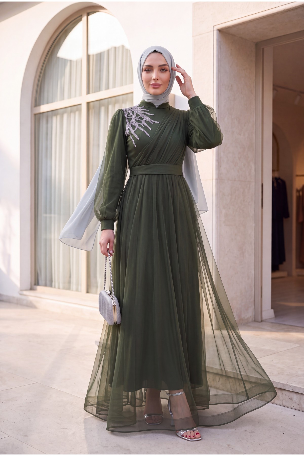 Stone Detailed Draped Belt Tulle Evening Dress      -Khaki