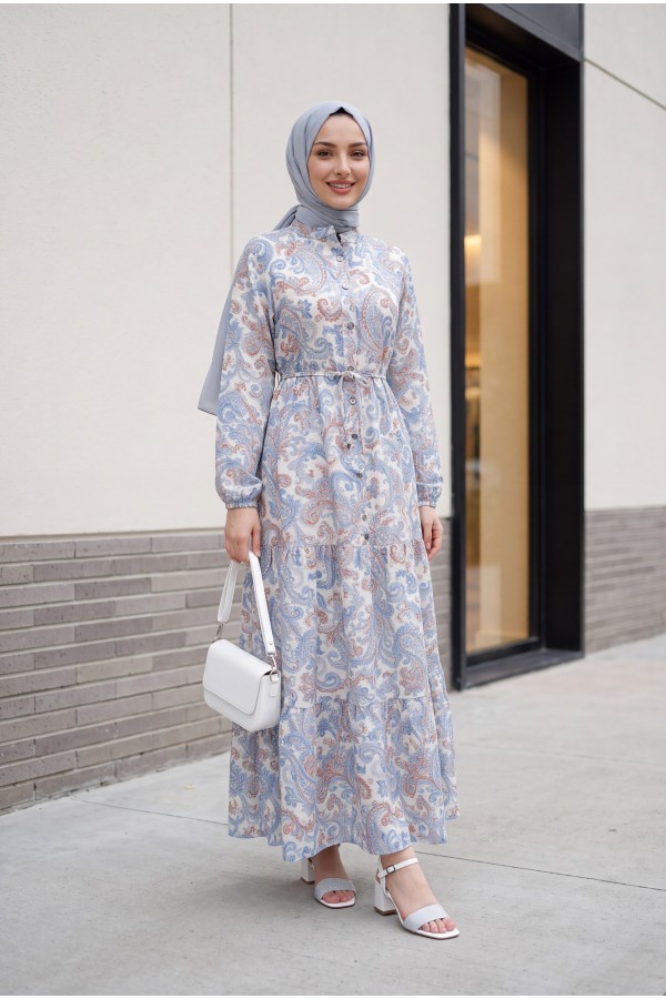 Mandarin Collar Half-Button Mixed Patterned Polycotton Dress with Elasticated Sleeves -Blue
