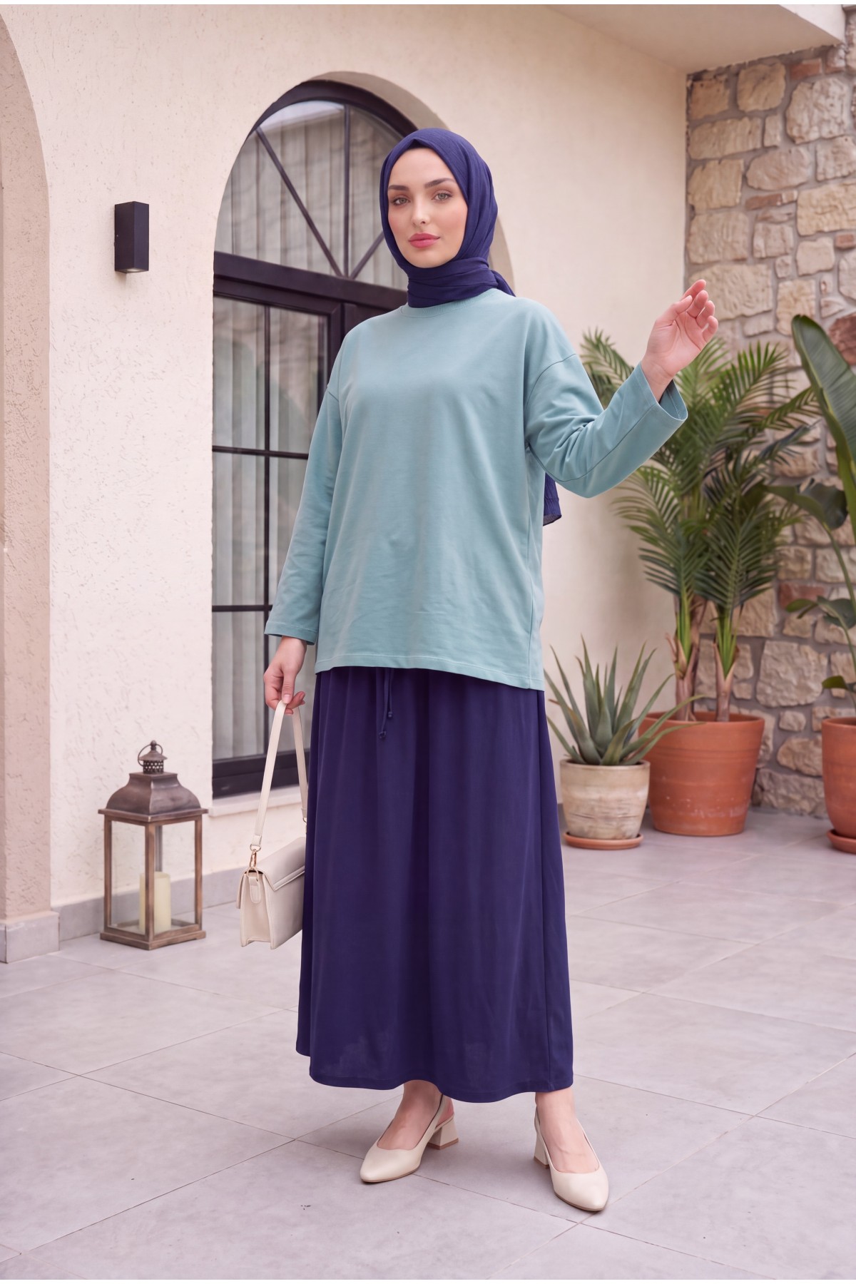 Yuvarlak Yaka Salaş Penye Tunik       -Mint