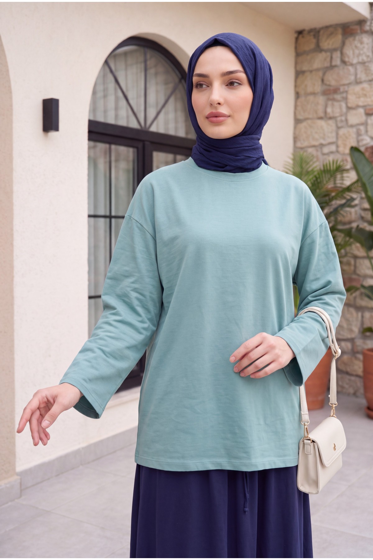 Yuvarlak Yaka Salaş Penye Tunik       -Mint