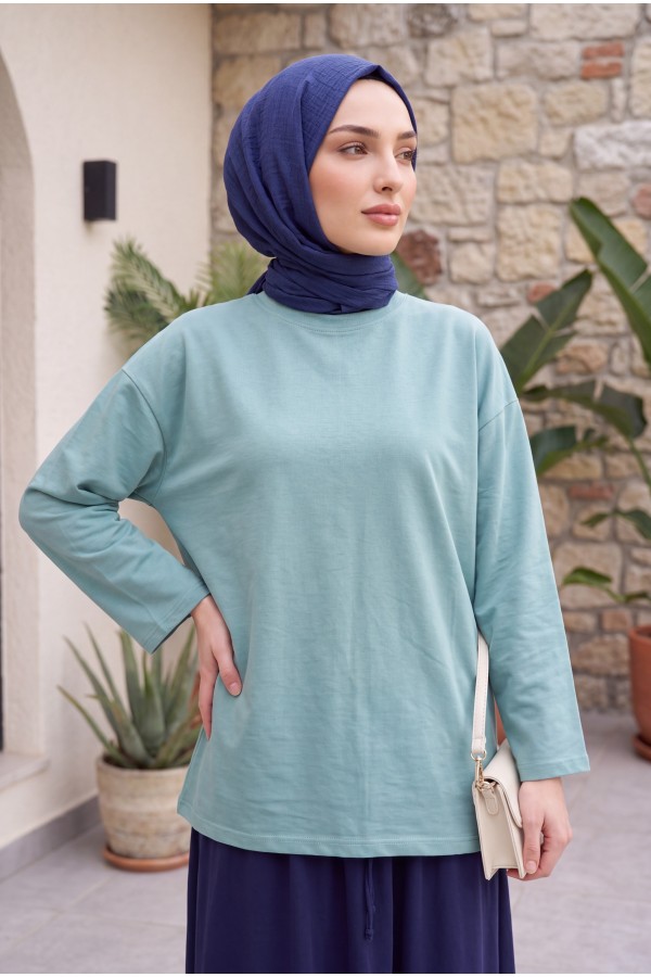 Yuvarlak Yaka Salaş Penye Tunik       -Mint