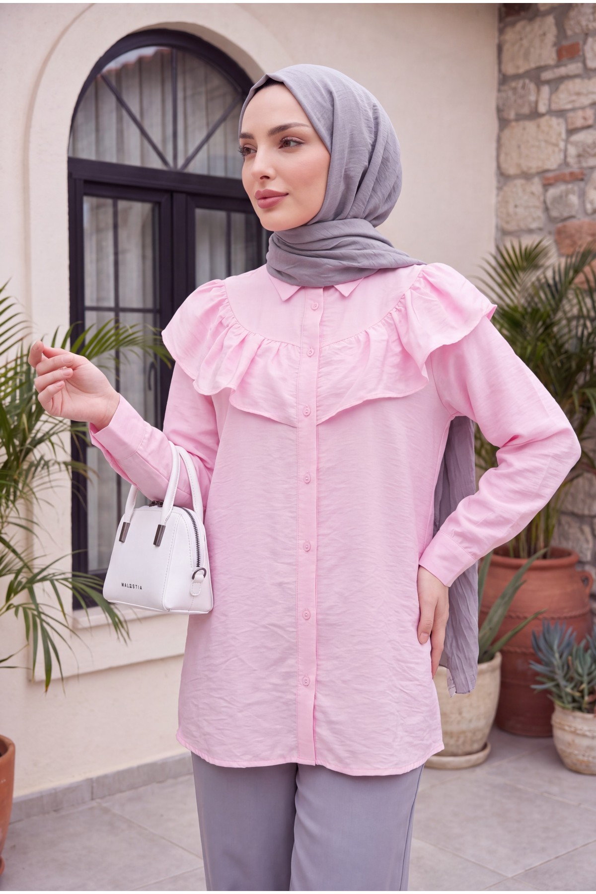 Ruffled Buttoned Rayon Tunic from the Waist -Pink