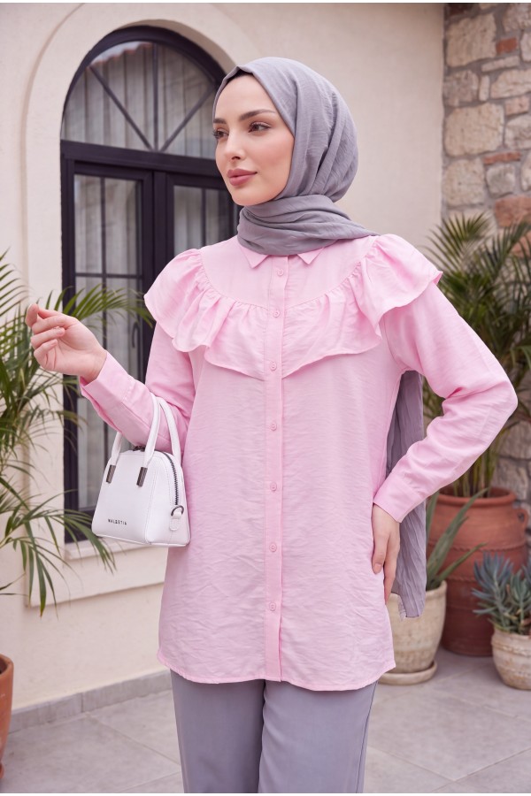 Robadan Fırfırlı Düğmeli Rayon Tunik -Pembe