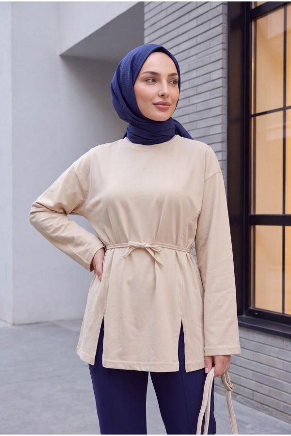Beli Bağlamalı Yırtmaçlı Penye Tunik  -Bej