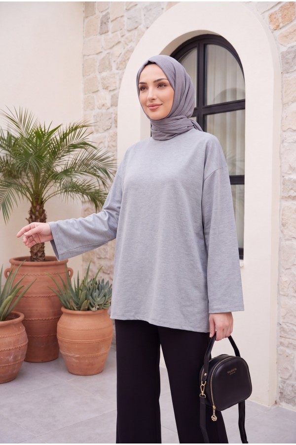 Yuvarlak Yaka Salaş Penye Tunik       -Gri