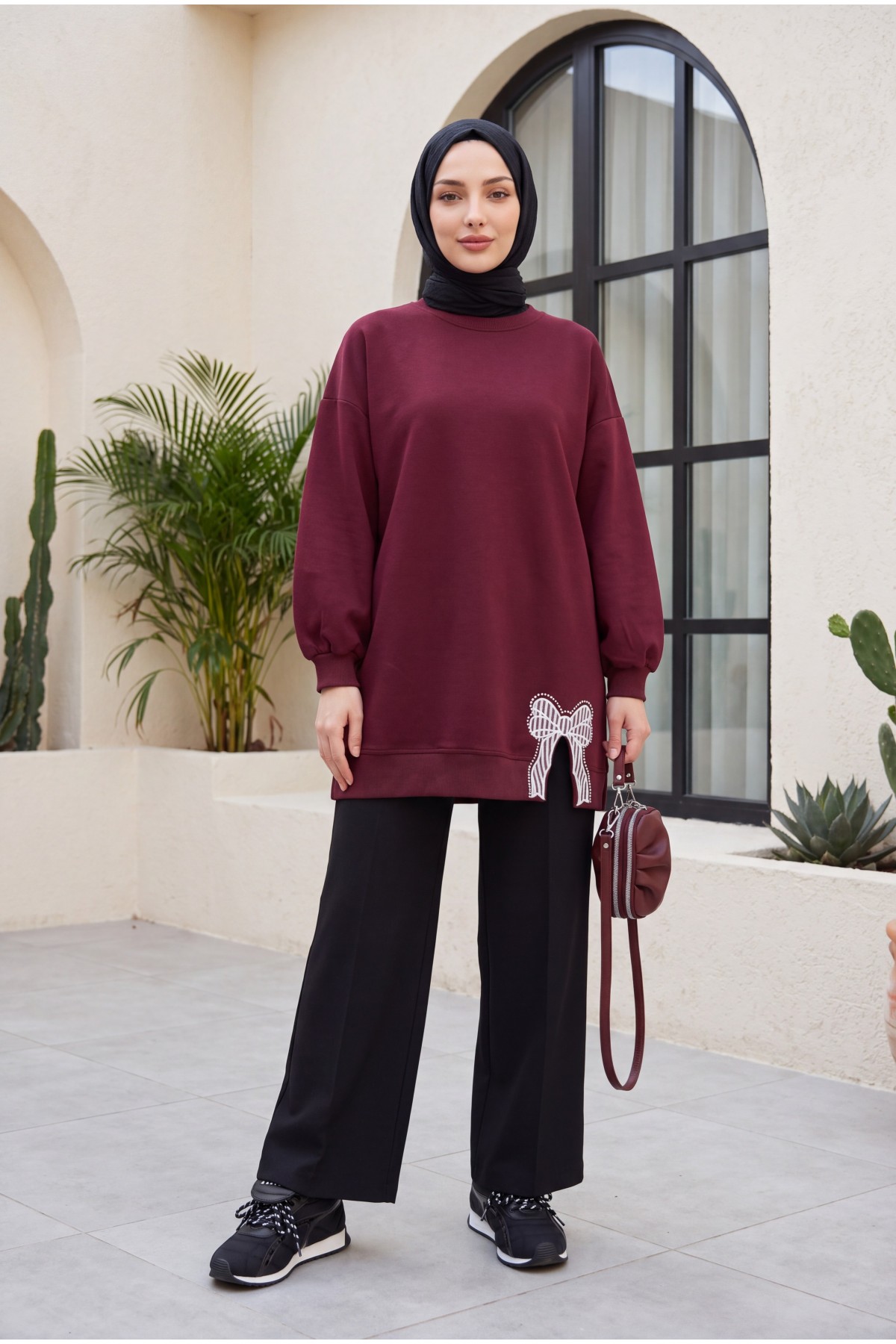 Loose Combed Cotton Tunic with Round Neck and Bow Detail -Maroon