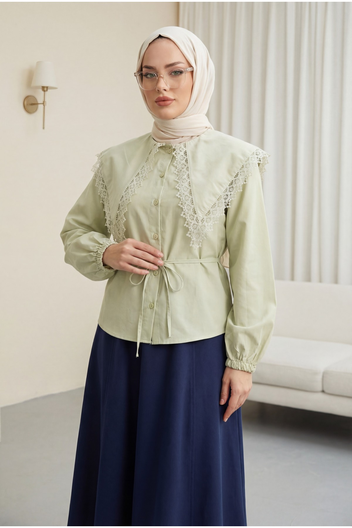 Lace-trimmed Wide-Neck Poplin Shirt with Drawstring and Elasticated Cuffs -Sea green