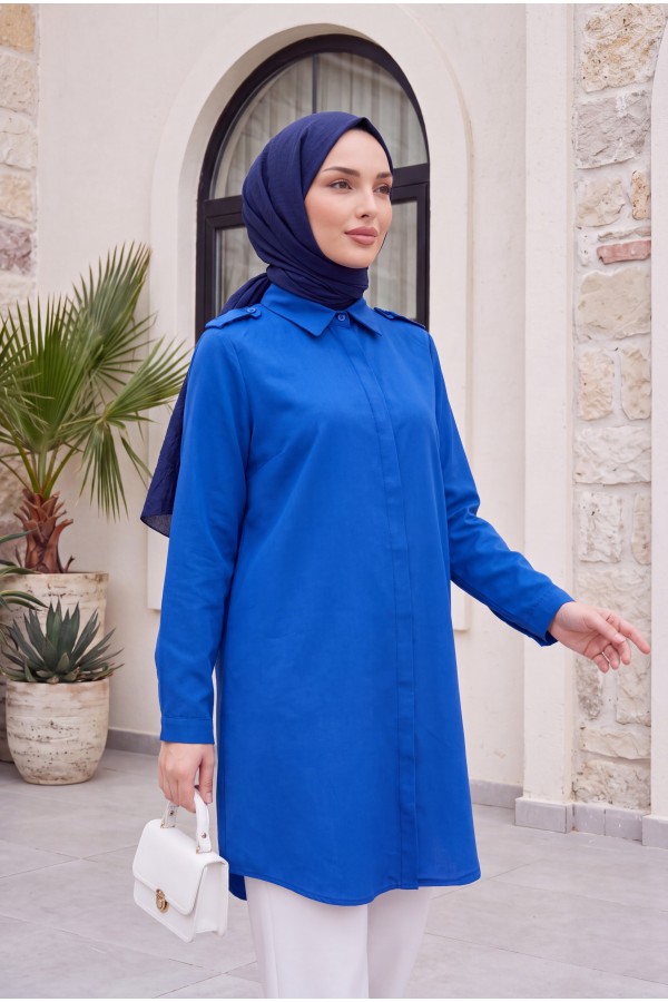 Gizli Düğmeli Oval Kesim Uzun Gömlek -Saks