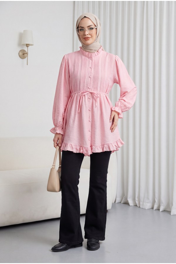 Cupra Tunic with Elasticated Sleeves, Ruffle Detail, and Drawstring Waist.  -Pink