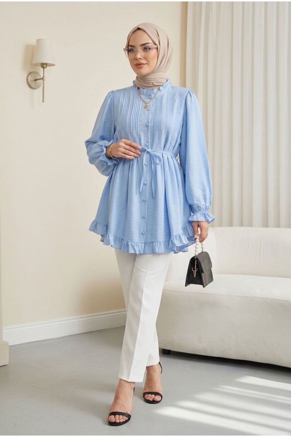 Cupra Tunic with Elasticated Sleeves, Ruffle Detail, and Drawstring Waist.  -Baby Blue