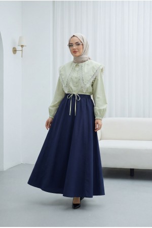 Dantelli Geniş Yakalı Bağcıklı Kolu Lastikli Poplin Gömlek -Su Yeşili