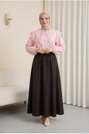 Dantelli Geniş Yakalı Bağcıklı Kolu Lastikli Poplin Gömlek -Pembe