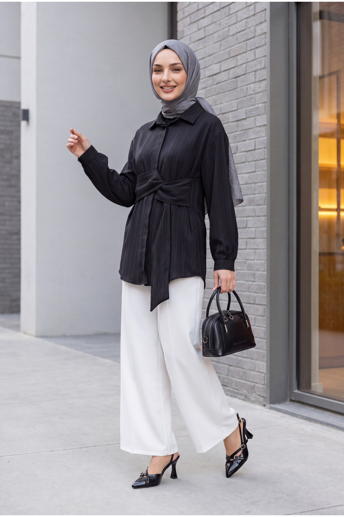 Fitted Crinkle Shirt with Waist Tie -Black
