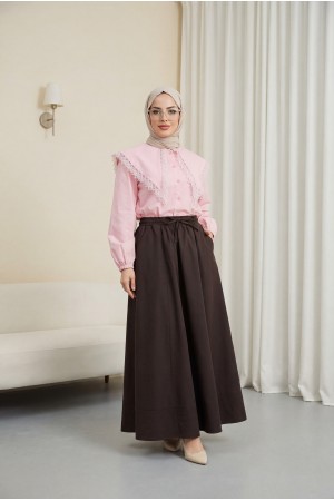 Dantelli Geniş Yakalı Bağcıklı Kolu Lastikli Poplin Gömlek -Pembe