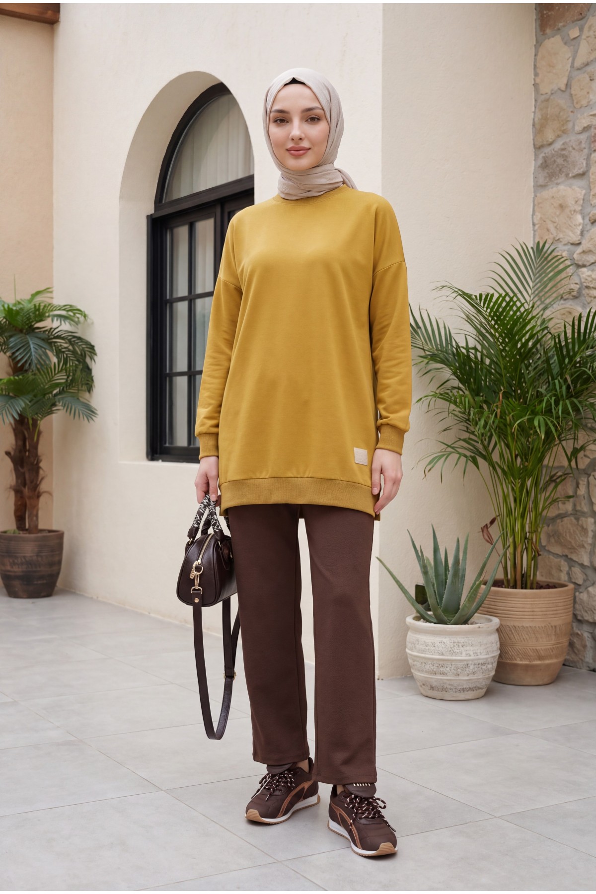 Crew Neck Slit Sweatshirt  -Oil Green