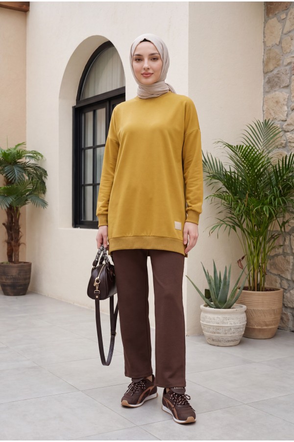 Crew Neck Slit Sweatshirt  -Oil Green