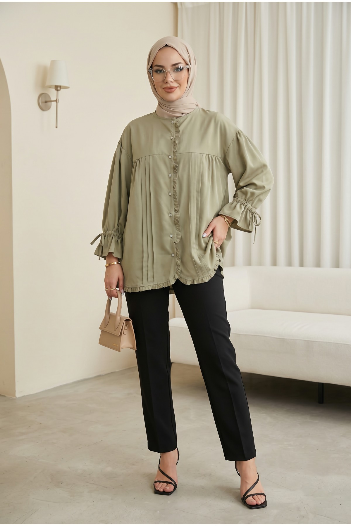Cupra Tunic with Ruffle Detail, Lace-Up Sleeves and Stone Buttons -Khaki