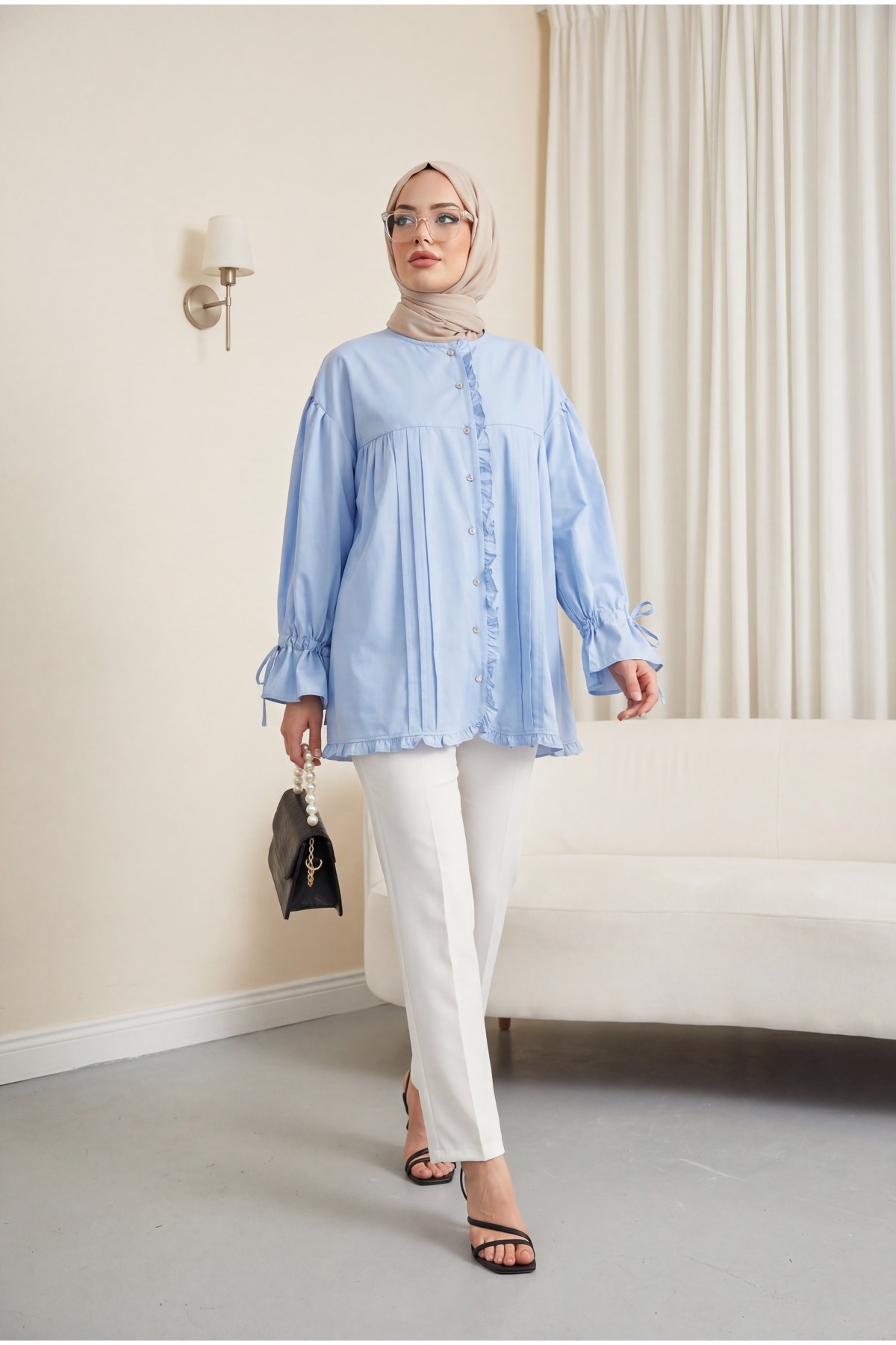 Cupra Tunic with Ruffle Detail, Lace-Up Sleeves and Stone Buttons -Baby Blue