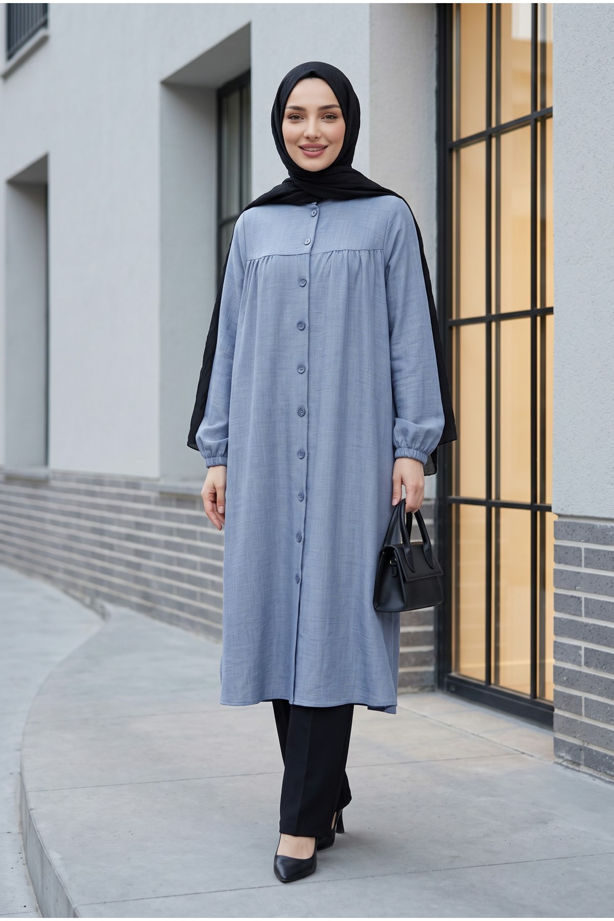 Hakim Yaka Boydan Düğmeli Keten Görünümlü Tunik -Gri