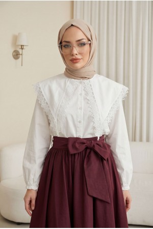 Dantelli Geniş Yakalı Bağcıklı Kolu Lastikli Poplin Gömlek -Beyaz