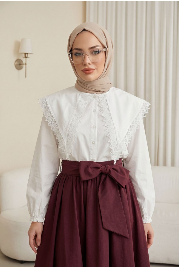 Dantelli Geniş Yakalı Bağcıklı Kolu Lastikli Poplin Gömlek -Beyaz
