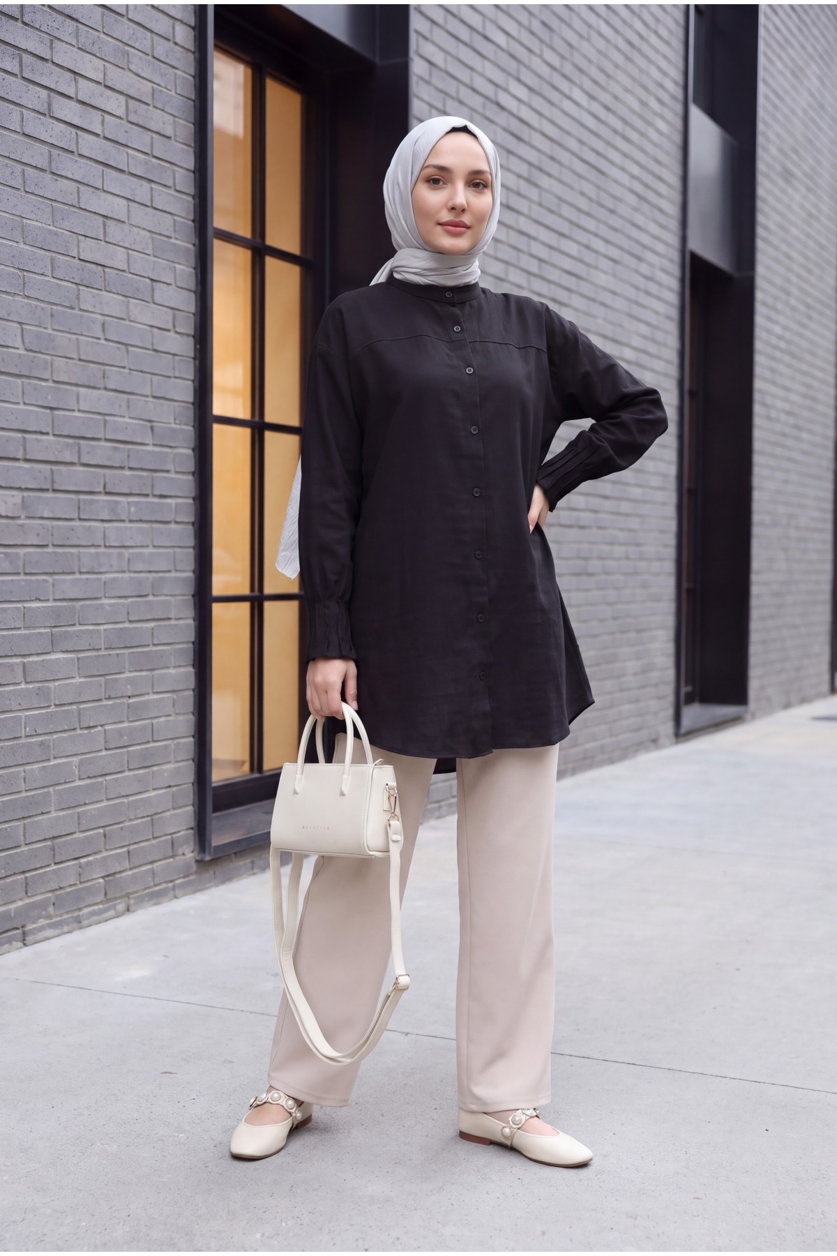 Sleeve Cuff Draped Oval Cut Shirt -Black