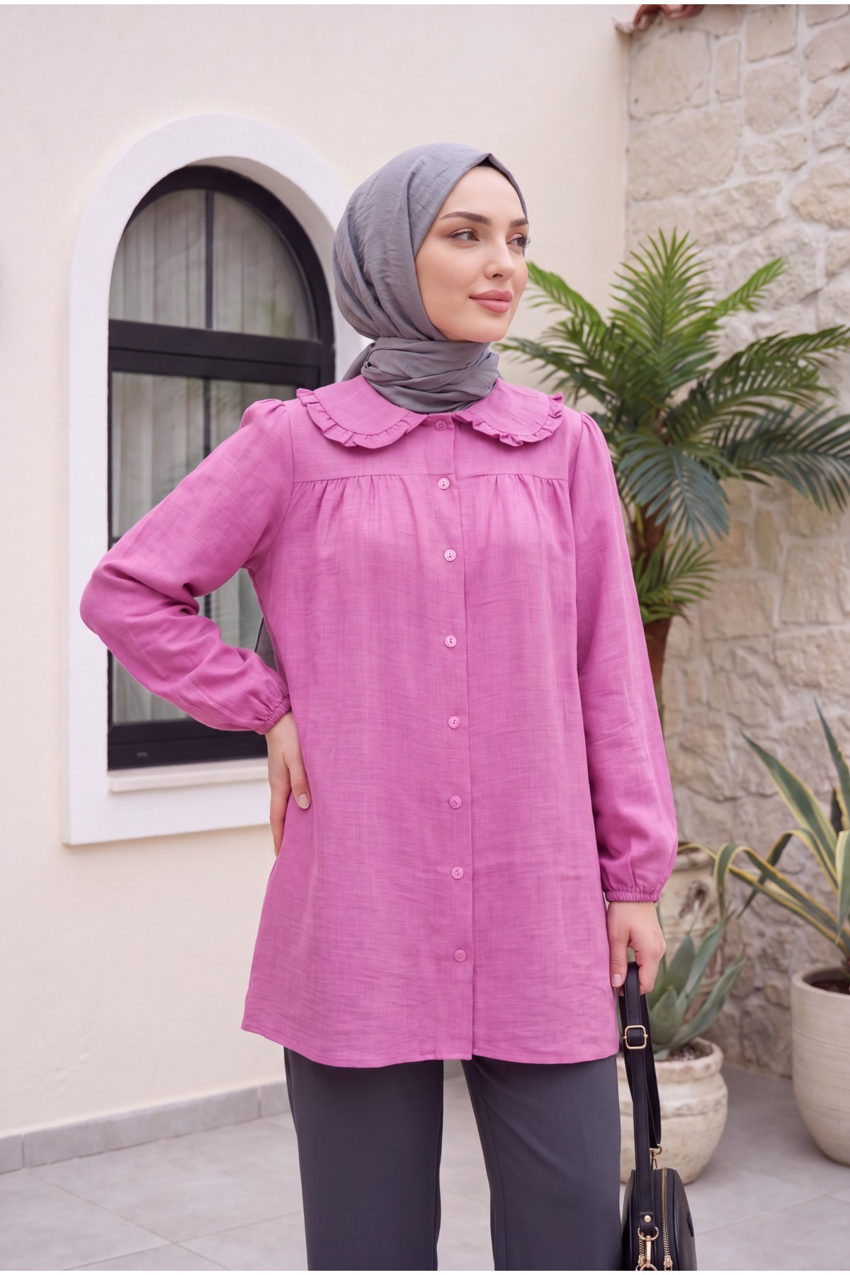 Bebe Yaka Boydan Düğmeli Tunik       -Pembe