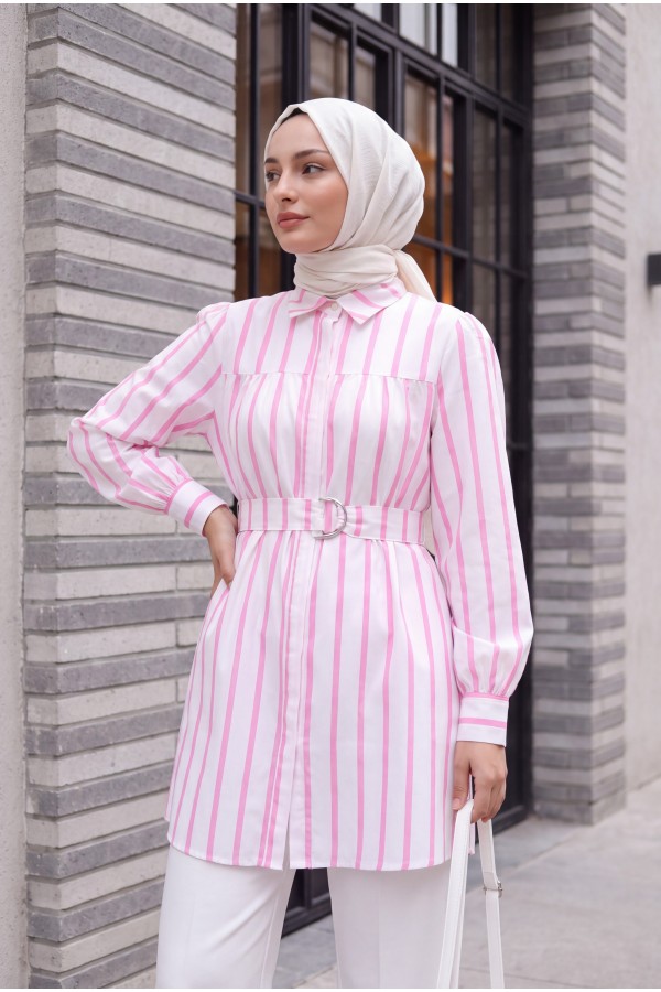 Kalın Çizgili Tokalı Kemerli Gömlek -Pembe