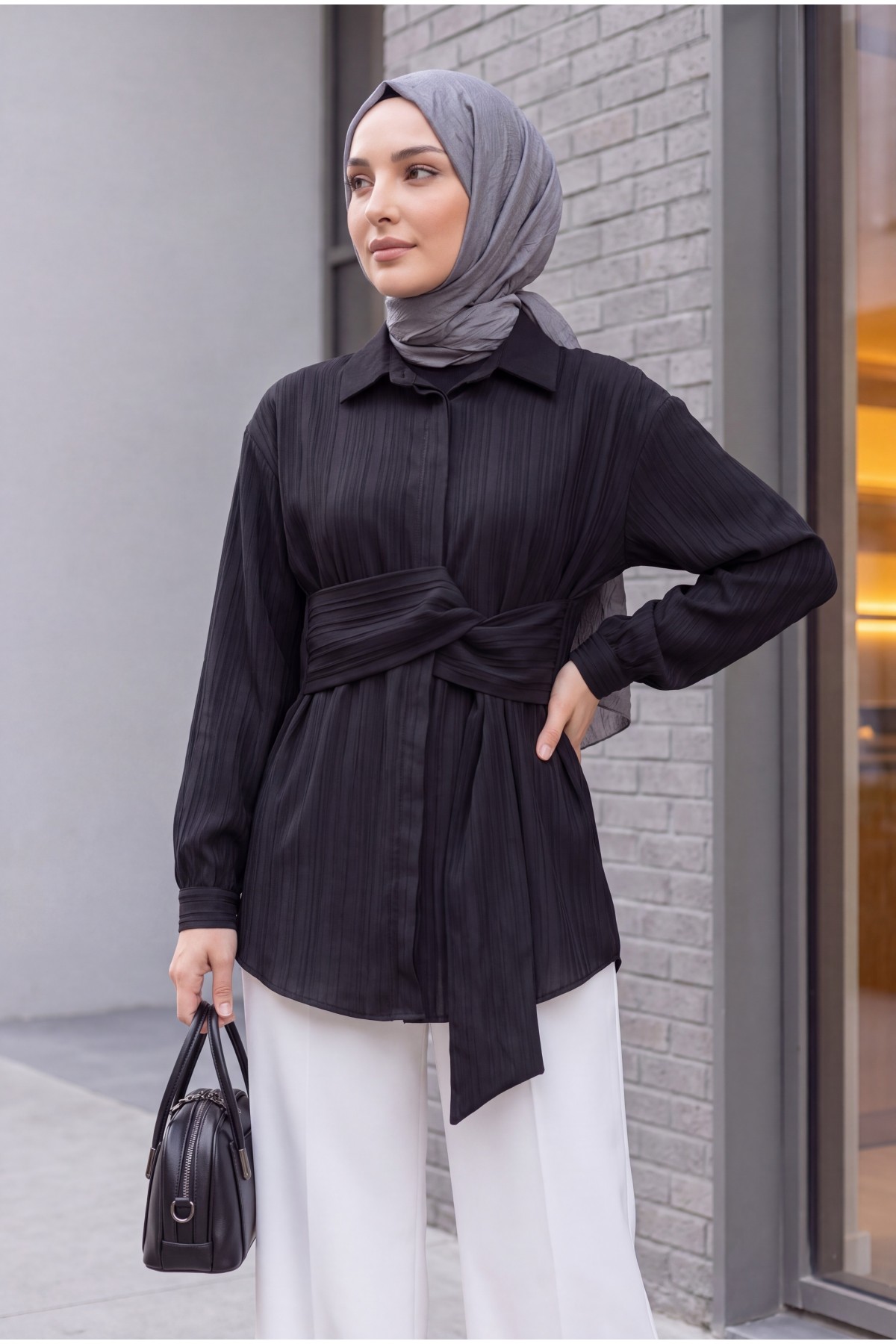 Fitted Crinkle Shirt with Waist Tie -Black
