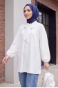Yakası Bağcıklı Kolu Lastikli Tunik -Beyaz