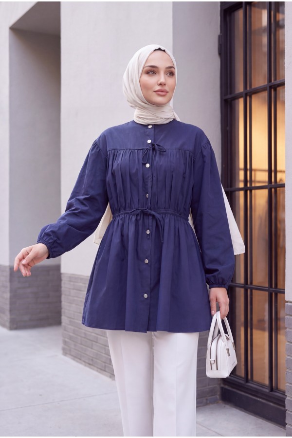 Shirt with Stoned Buttoned Sleeves and Elasticated Tie Detail -Navy blue