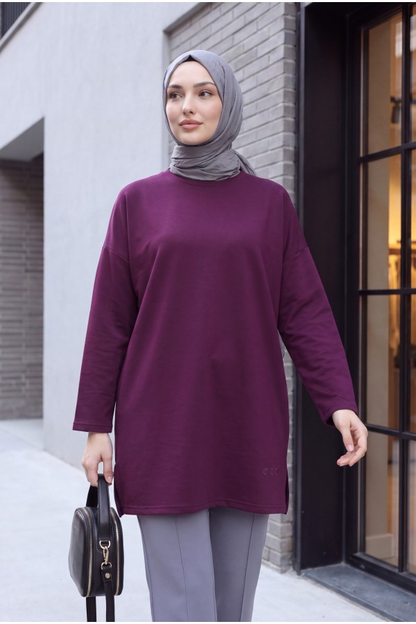 Eteği Kalp Detaylı Yırtmaçlı Salaş Penye Tunik -Mürdüm