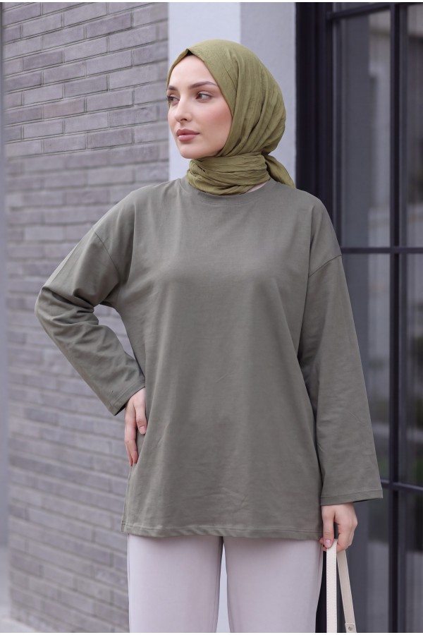 Yuvarlak Yaka Salaş Penye Tunik  -Haki