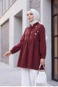 V-Neck Tie-Collar Ruffled Poplin Tunic with Floral Embroidery -Maroon