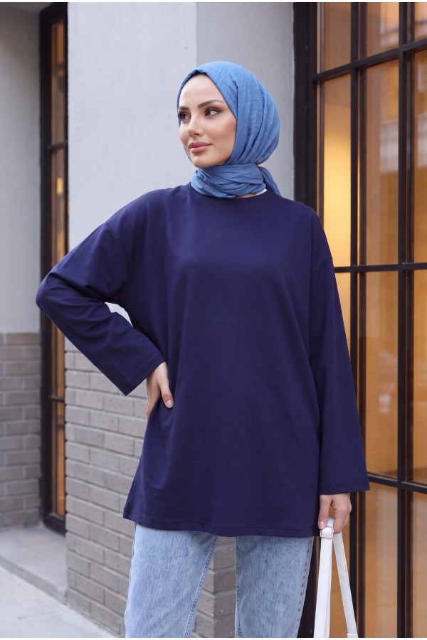 Yuvarlak Yaka Salaş Penye Tunik  -Laci