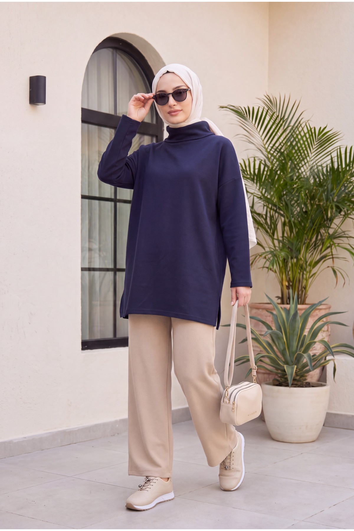Turtleneck Slit Selanik Tunic -Navy blue