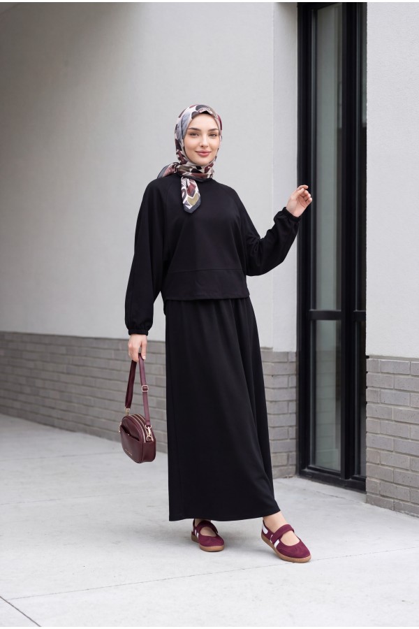 Bisiklet Yaka Yarasa Kol Oversize Lastikli Etekli Penye Takım -Siyah