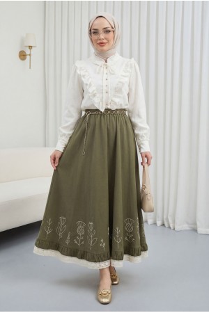 Hakim Yaka Fırfır Detaylı Bağcıklı Jakarlı Bluz -Ekru