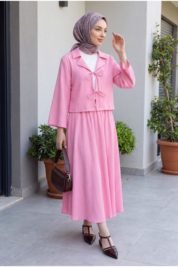 Önü Bağlamalı Etekli Krinkıl Takım   -Pembe